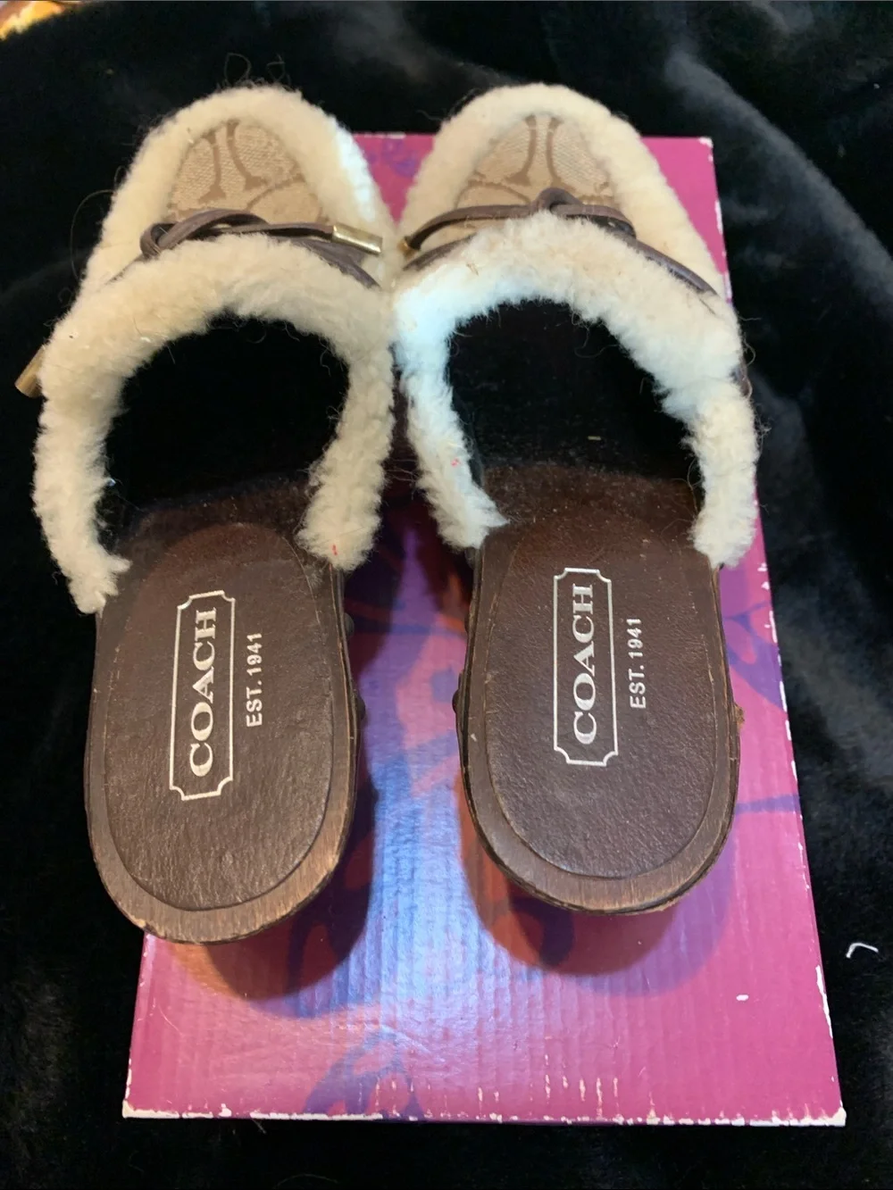 Coach Brown and Cream Signature Shearling Mule Slides